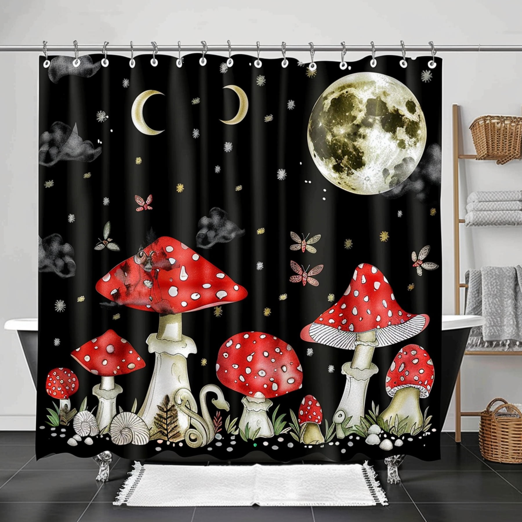 Enchanting Mushroom and Snail Shower Curtain Boho Black Theme