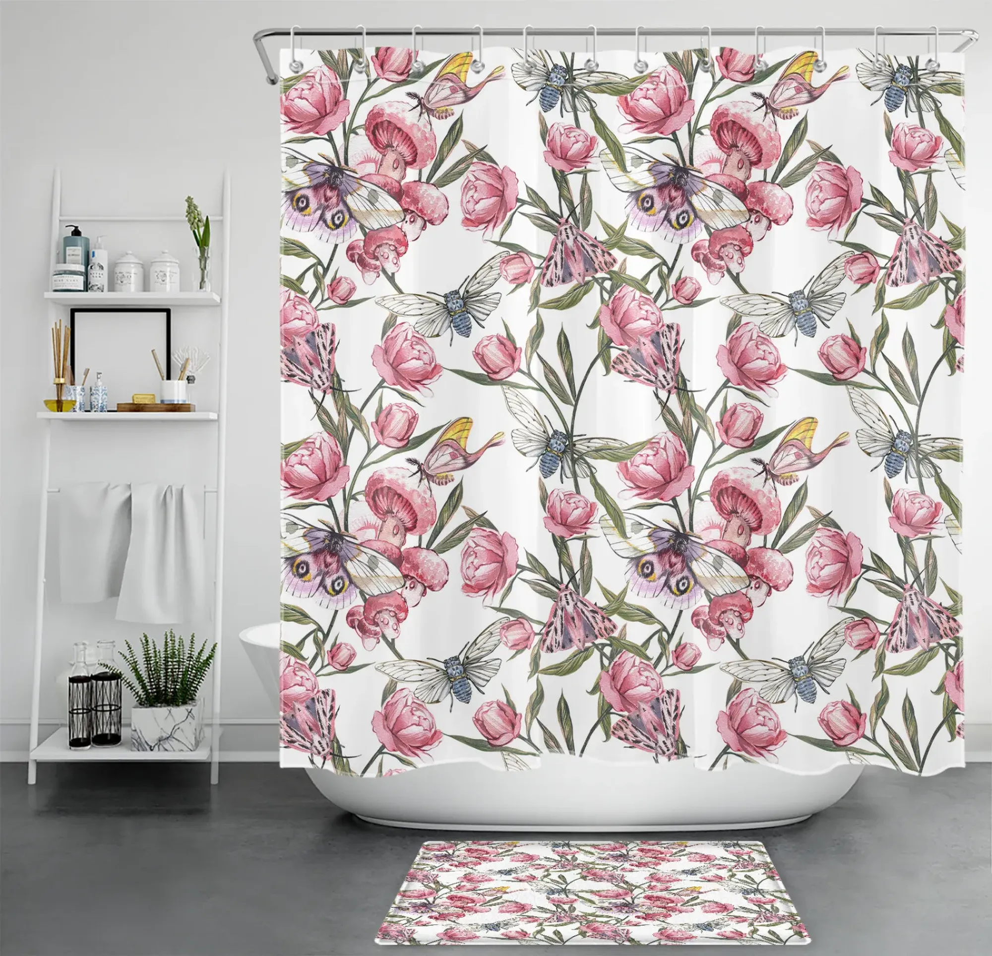 Enchanting Nature-Inspired Shower Curtain Set with Moth, Green Leaf 