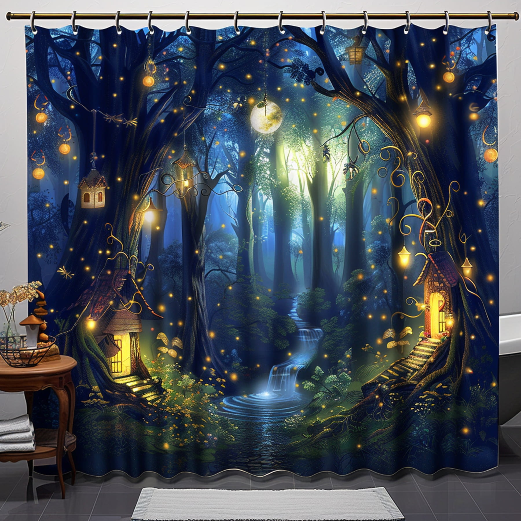 Enchanting Night Forest Firefly Shower Curtain Moonlight Stars Magic ...