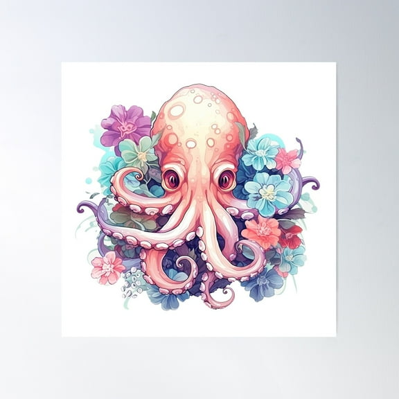 Enchanting Octopus Fantasy Vector Design Poster Wall Art, Modern Wall Decor For Living Room Bedroom, 17x17 UNFRAMED