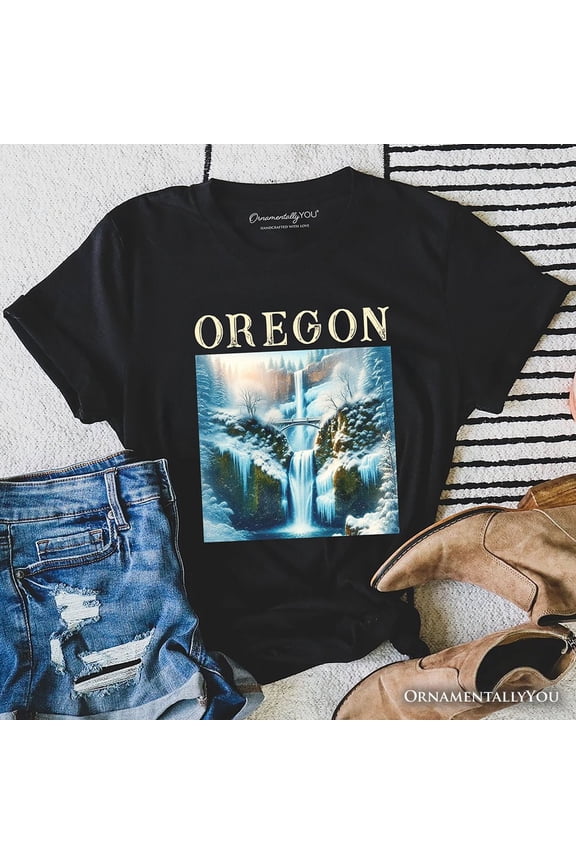 Enchanting Oregon State Multnomah Falls Winter T-Shirt, Pacific Northwest Waterfall Tee and Souvenir