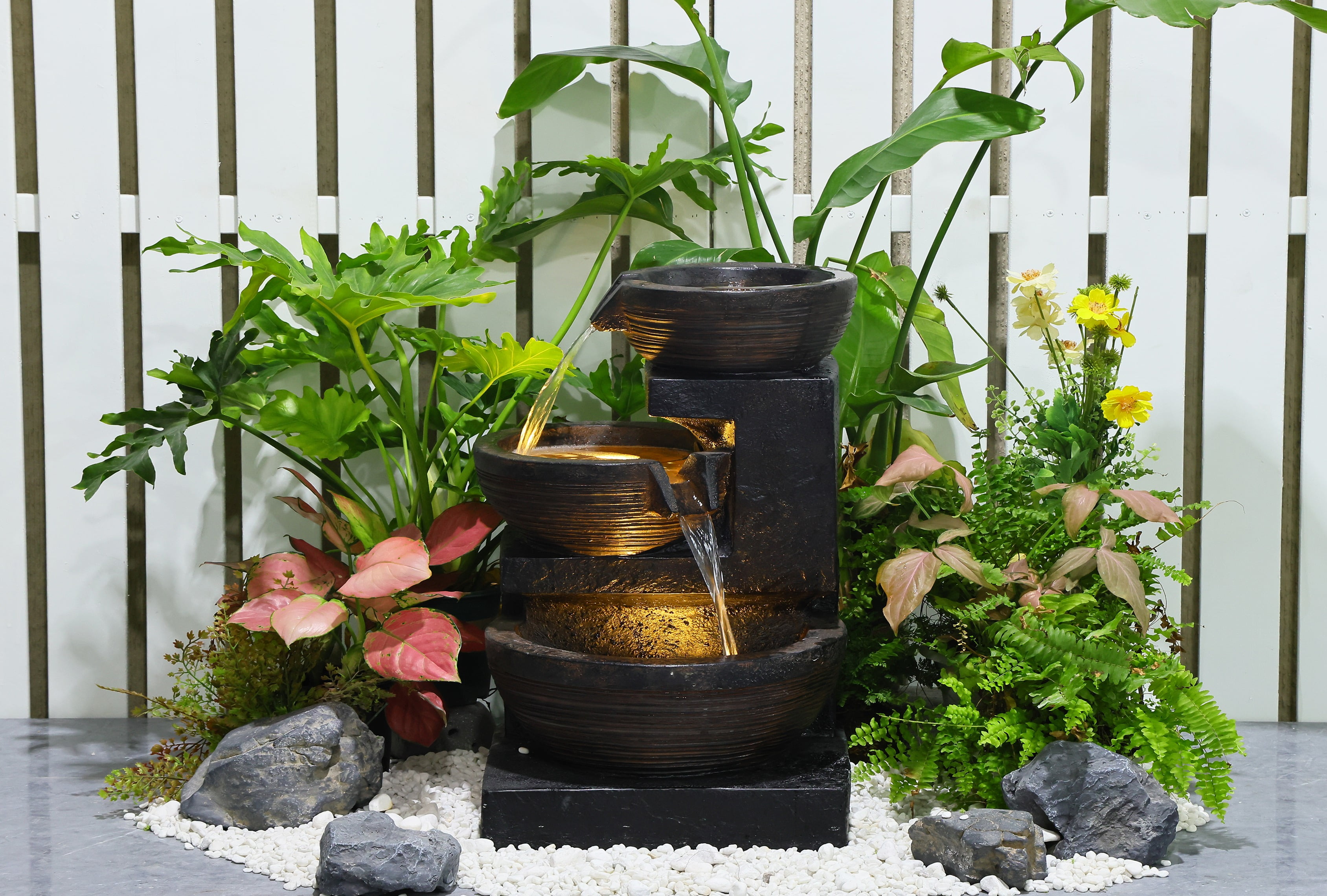 Gray and Black Polyresin Cascading Bowl Fountain with LED Lights