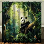 Enchanting Panda Paradise Shower Curtain NatureInspired Bathroom Decor with Cartoon Animals and Butterfly Accents