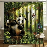 Enchanting Panda Paradise Shower Curtain Tranquil Forest Scene with Butterflies Green Plants and Bamboo Trees JungleInspired Bathroom Decor