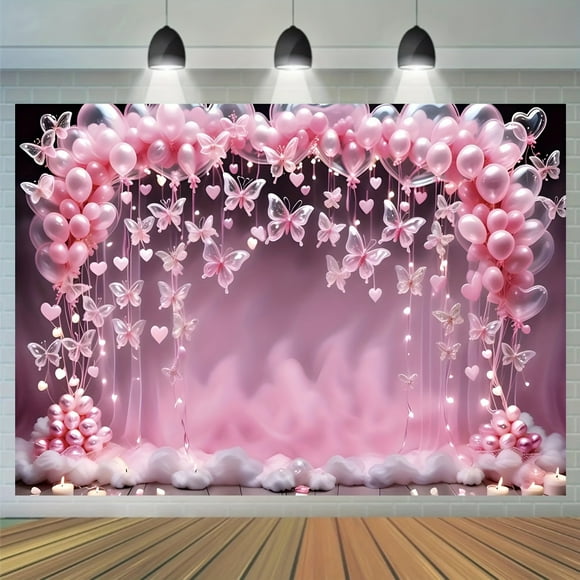 Enchanting Pink Butterfly & Heart Balloon Backdrop- Ideal for Birthday, Youngsters Shower & Celebration Photos, Butterfly Balloons
