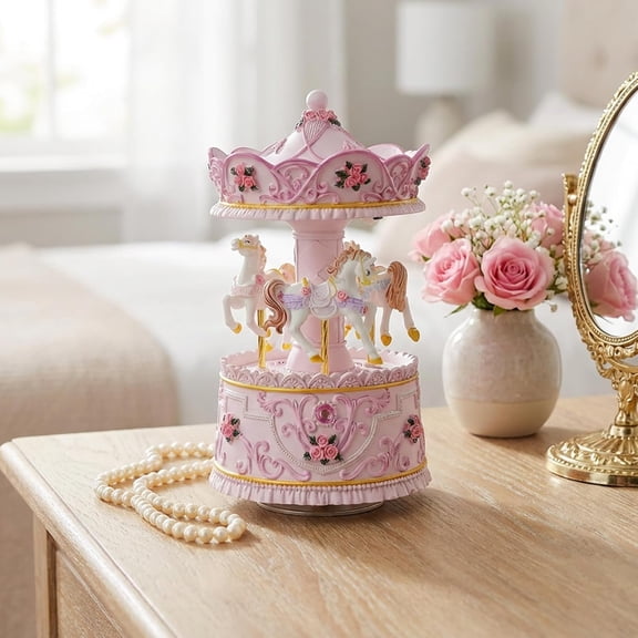 Enchanting Pink Carousel Music Box with LED Lights, Plays Castle in the Sky, Elegant Rotating Horse Figurines, for Girls, Women, and Romantic Occasions, Collectible Home Decor Ornament