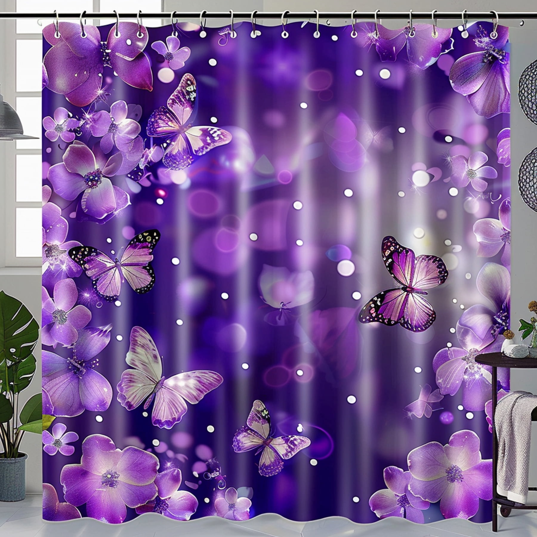 Enchanting Purple Butterflies and White Dotted Flowers HD Bathroom