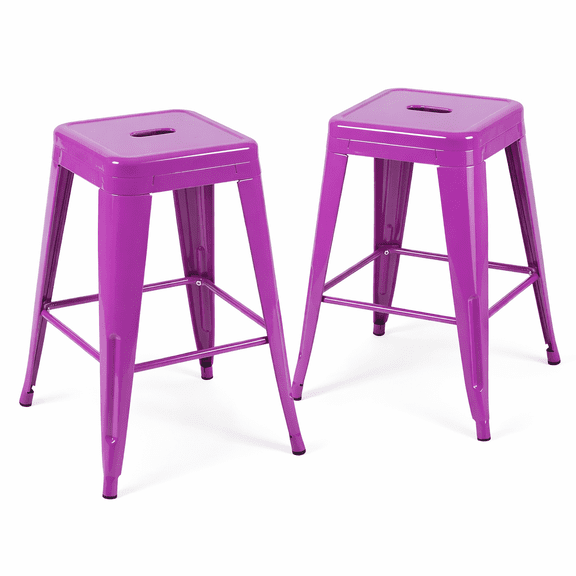 Enchanting Purple Metal Counter Height Stools Set of 2, 24" Aesthetic Purple Stools for Makeup Room, Unique One-Piece Steel Counter Stools for Vanity & Boutique Decor