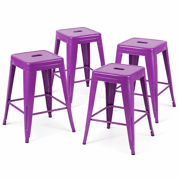 Enchanting Purple Metal Counter Height Stools Set of 4, 24 Inch Aesthetic One-Piece Steel Stools, Cute Purple Studio Chairs for Creative Space, Stackable Modern Bistro Barstools