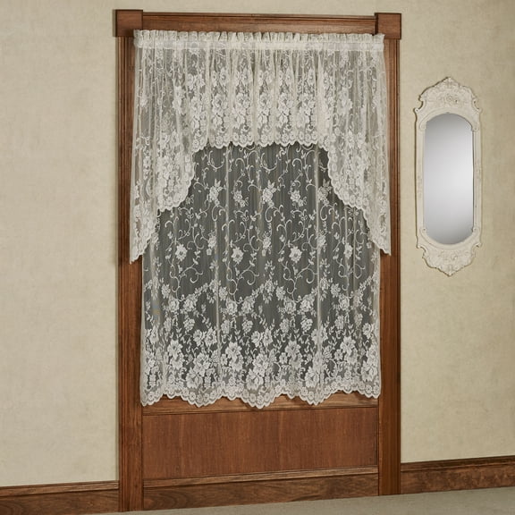 Enchanting Roses Ivory Lace Window Treatment; Scallop and 38L Swag Valances, 63L Panel Set