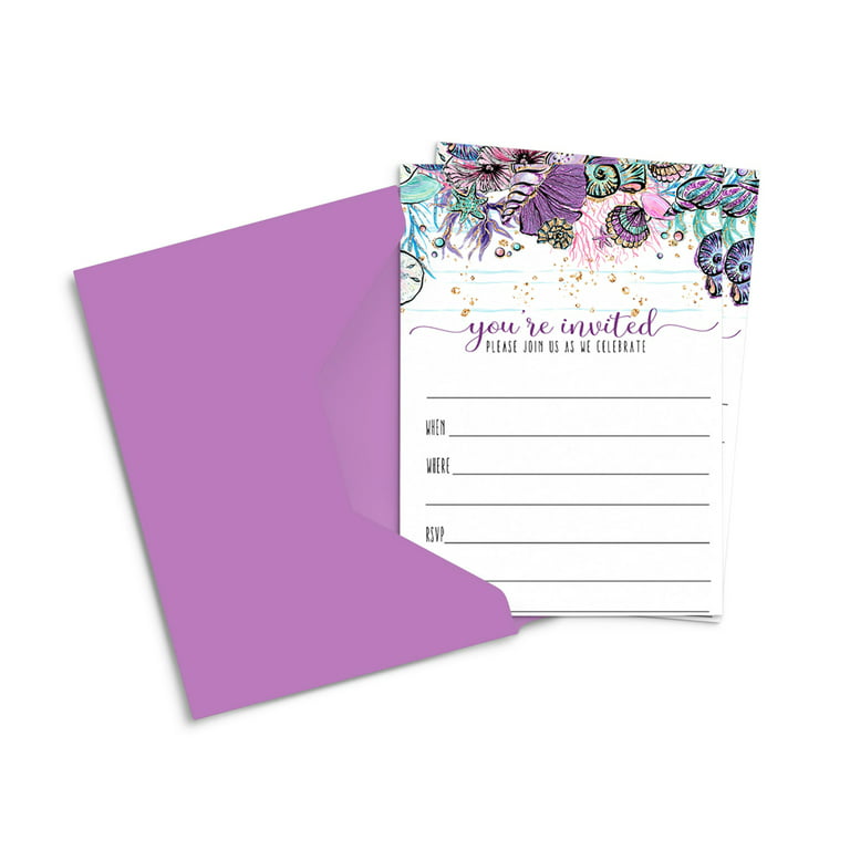 Paper Clever Party Mermaid Party Invitations with Lilac Envelopes (Pack of 15) Enchanting Celebrations