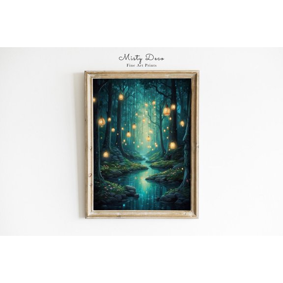 Enchanting Spiritual Forest Illustration Fantasy Forest with Lanterns Art, Unframed Paper Poster 8x10in