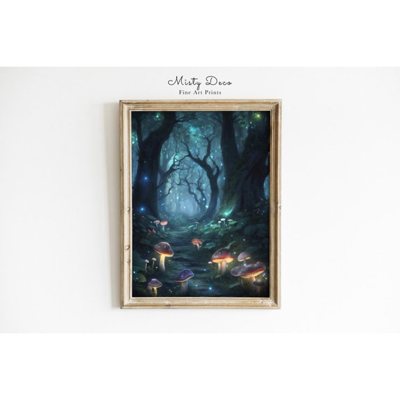 Enchanting Spiritual Mushroom Forest Fantasy Forest Mushrooms Fireflies, Unframed Paper Poster 8x10in