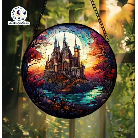 Enchanting Stained Glass Fantasy Castle, Vibrant Sunset Window Art, Ideal Gift for Fantasy Lovers, Birthday, Wedding, and Home Garden Decor 4303514338