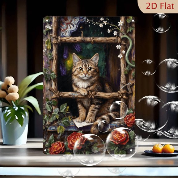 Enchanting Tabby Cat on Rustic Window Sill with Vines, Roses & Amethyst Crystals 8x12 Inches Fantasy Wall Art Metal Tin Sign