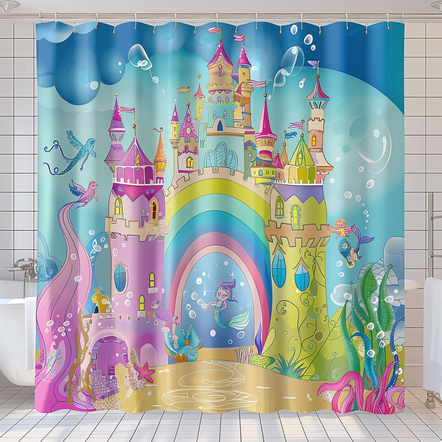 Enchanting Underwater Castle Shower Curtain for Kids' Bathrooms Dive