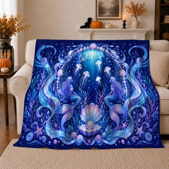 Enchanting Underwater Mermaids Fantasy, Mystical Fantasy Scene, Warm Flannel Blanket for Home Library and Reading Nook, Art Lovers Thanksgiving Gift, Fantasy Home Decor