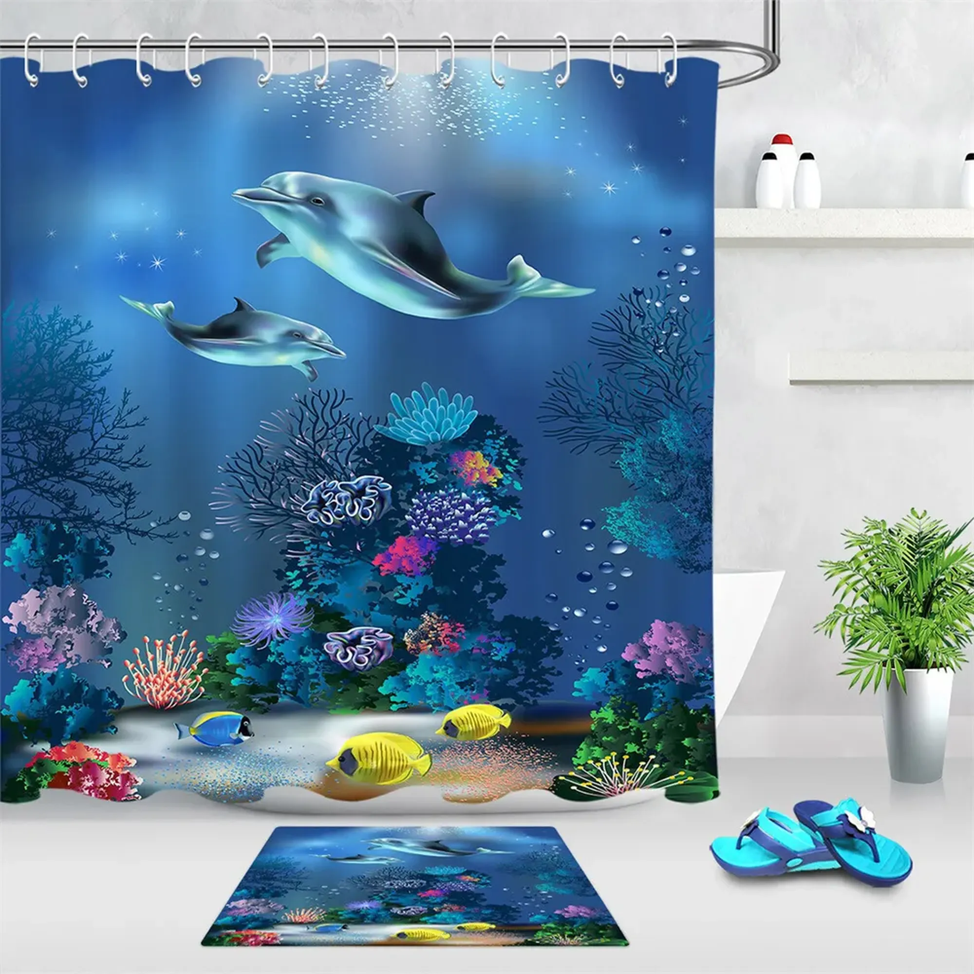Enchanting Underwater World Vibrant Dolphin Shower Curtain Explore Marine Life and Colorful
