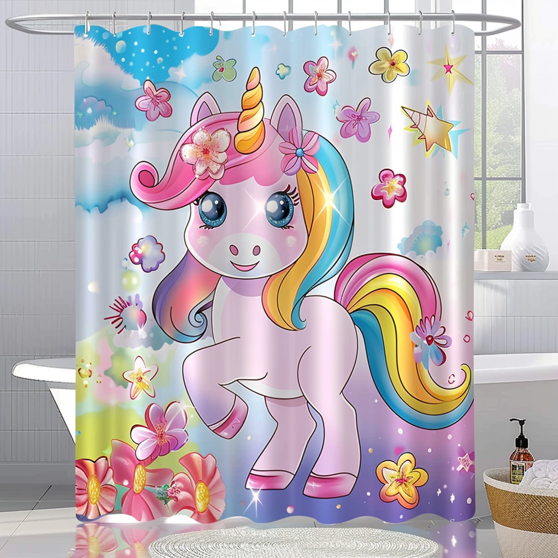 Enchanting Unicorn Fantasy Shower Curtain: Colorful pastel rainbow design with flowers and stars ...