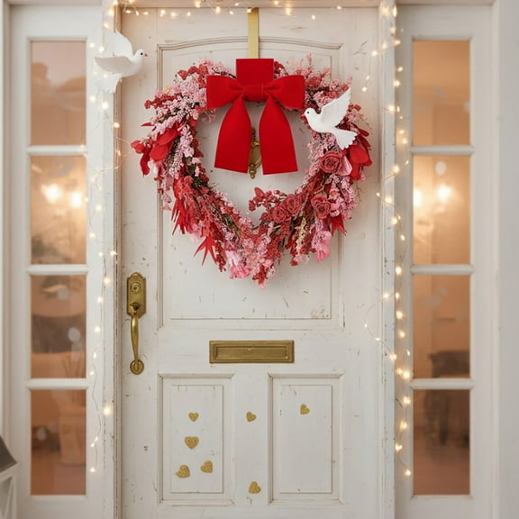 Enchanting Valentine'S Day Heart Wreath Dried Flowers In Crimson & Soft With Elegant Red Bow