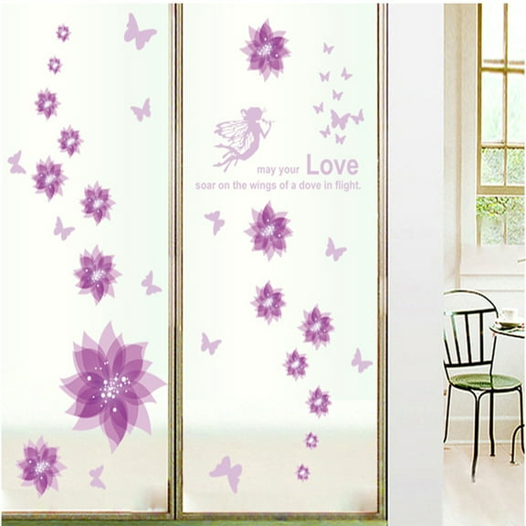 Enchanting Warm Whimsical Purple Flower Fairy Wall Decal - DIY PVC Transparent Film for Nursery, Living Room, Kids' Room, TV Sofa Background, and Window Dressing in Kindergarten and Home