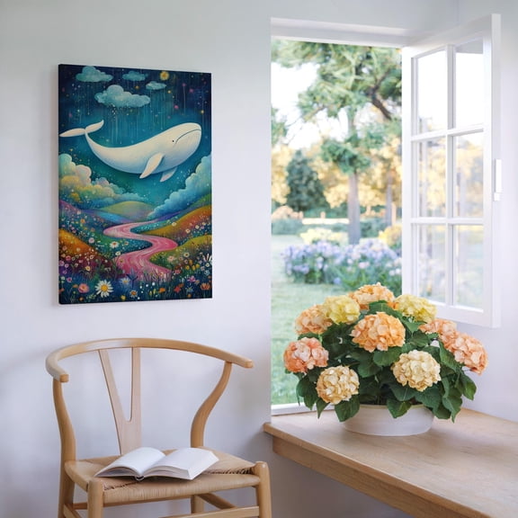Enchanting Whale Art – Surreal Fantasy Landscape With Pink River, Colorful Flowers, And Dreamy Starry Sky Wall Art, Modern Wall Decor, 8x12 UNFRAMED