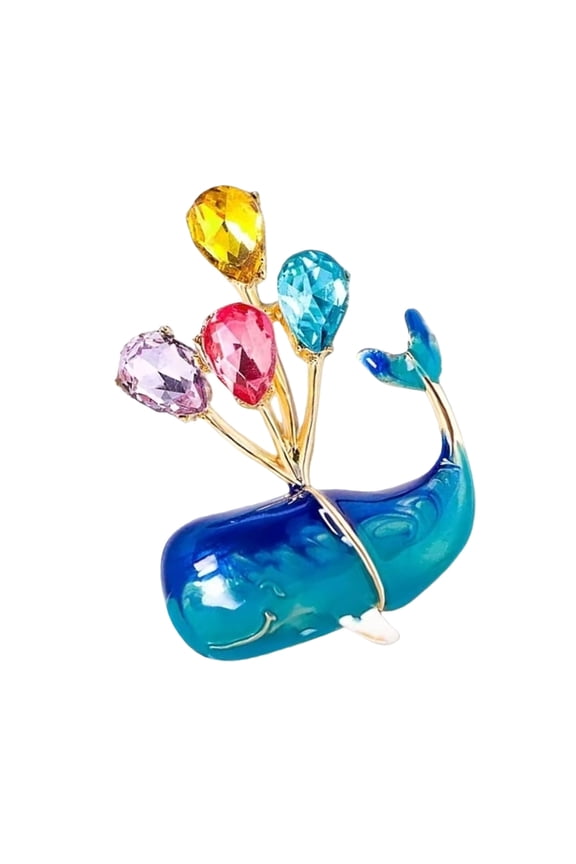 Enchanting Whale Shaped Brooch With Floating Balloon Detail Sparkling Rhinestones Accents Unisex Party Accessory
