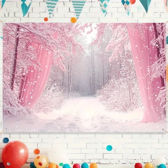 Enchanting Winter Wonderland Backdrop Pink Curtain Snowy Forest Scene Photography Background Pink Trees Winter Snowflake Path Holiday Party Decorations Banner Supplies Photo Booth Props