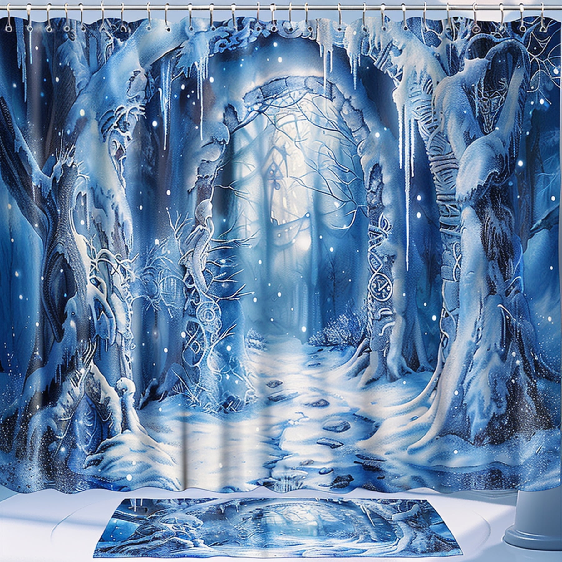 Enchanting Winter Wonderland Shower Curtain Magical Forest Gate Design in Blue and White