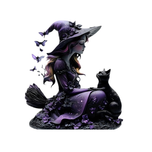 Enchanting Witch Acrylic Sculpture with Cat Companion and Magical Theme for Home Desk or Halloween Decoration Purple