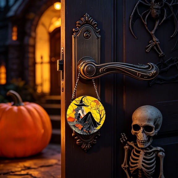 Enchanting Witch Wall Art, Hanging Ornament with Moon, Halloween Window Garden Decor, Resin Witch on Crescent Moon, Mystical Shelf Sitter for Mantel & Window​, Yellow