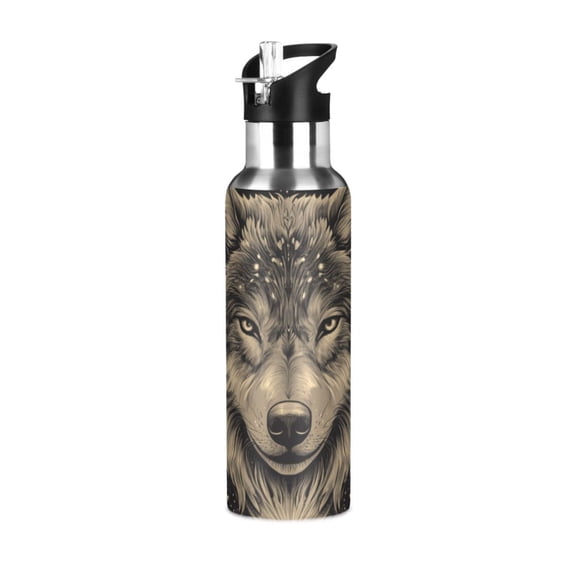 Enchanting Wolf Face Sun Moon Sports Bottle with Straw Stainless Steel Water Jug Portable Thermal Cup Leak-proof 600ML