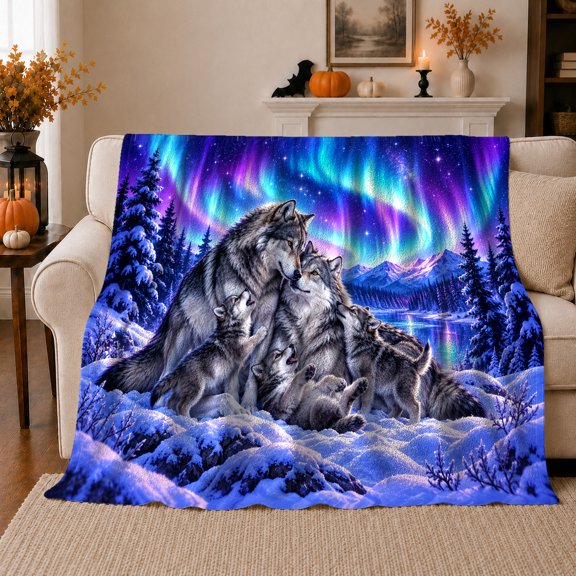 Enchanting Wolf Family Under Aurora Borealis Wildlife Wilderness, Peaceful Mountain Lake Scene, Warm Flannel Blanket for Cabin and Lodge, Outdoor Lovers Camping Gift, Rustic Home Decor