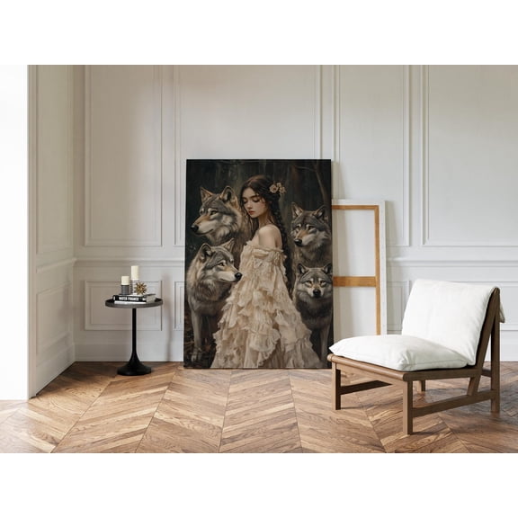 Enchanting Woman With Wolves Wall Art – Mystical Portrait In A Forest Scene With Nature And Wildlife Wall Art, Modern Wall Decor, 16x24 UNFRAMED