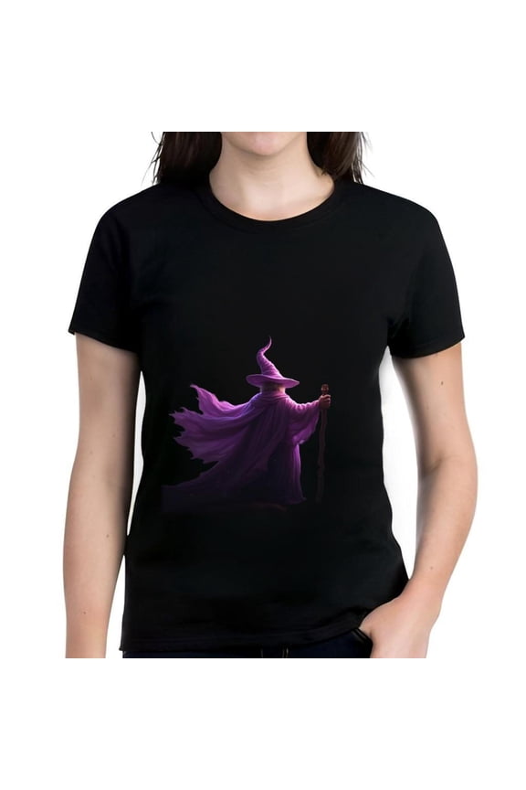 Enchanting Women's Cotton Short Sleeve T-Shirt with Mystical Wizard Design - Flowing Robe & Magical Atmosphere