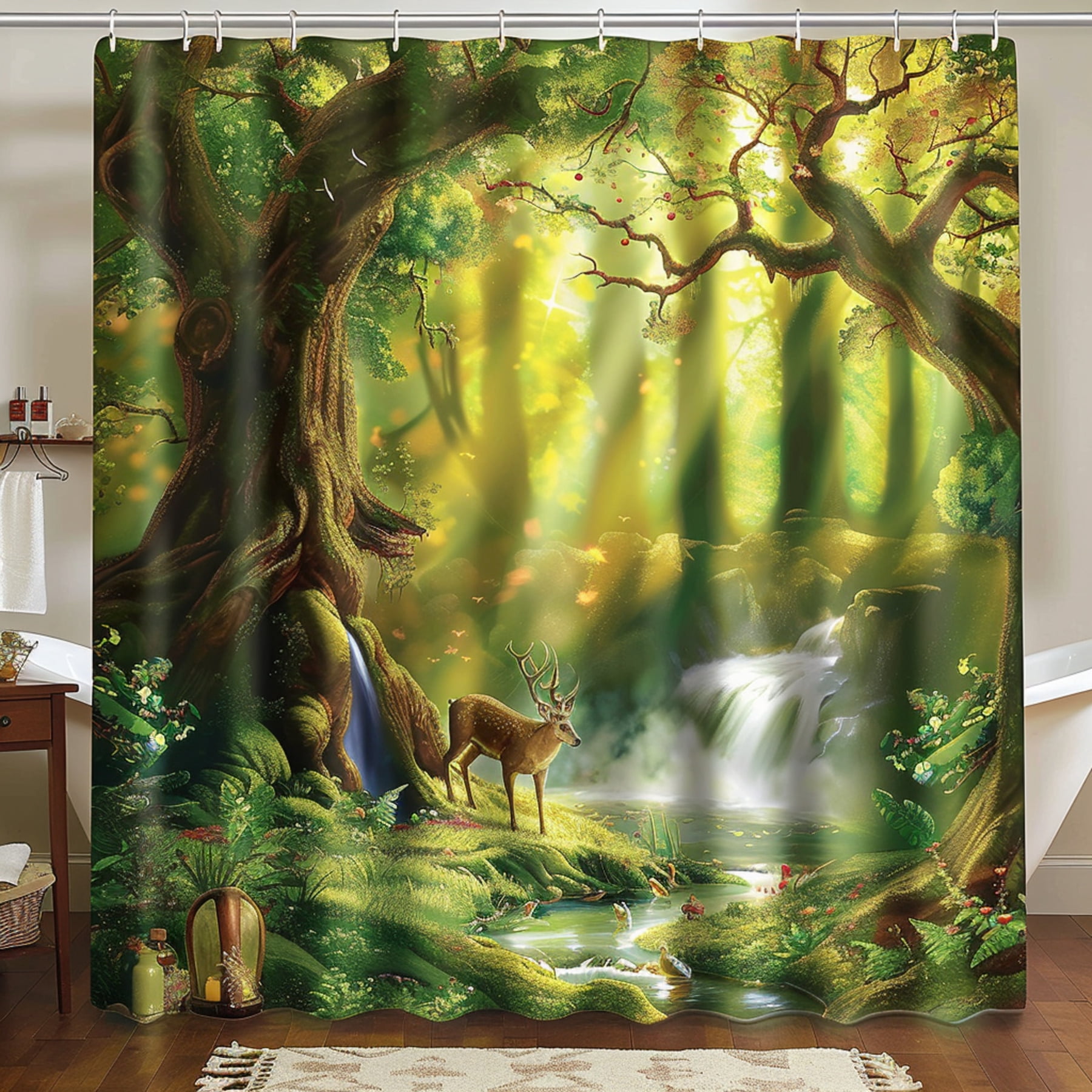 Enchanting Woodland Forest Shower Curtain Vibrant Watercolor Nature