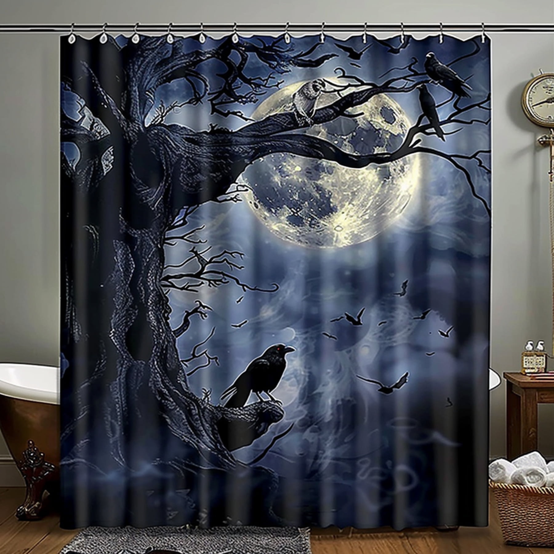 Enchantingly Eerie: Gothic Bathroom Shower Curtains with Moonlit Crows RavenAdorned Tree Trunk ...