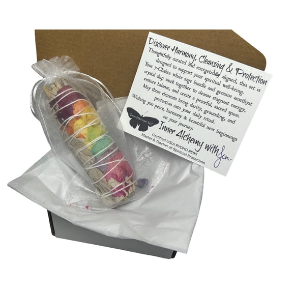 Enchantment Reiki Charged Protection Gift Set with 7 Chakra White Sage Bundle & Amethyst Crystal Chi, Crystal Healing Kit for Spiritual Cleansing, Holiday and Birthday Gift, Stocking Stuffer