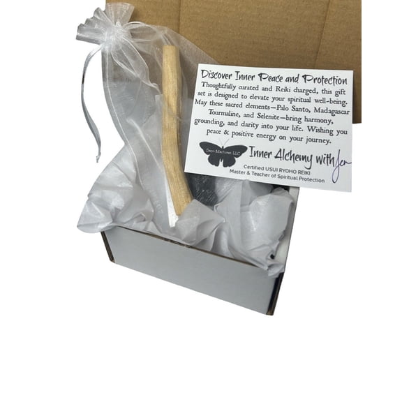 Enchantment Reiki Charged Protection Gift Set with Palo Santo, Madagascar Tourmaline, Selenite Stick, Crystal Healing Kit for Spiritual Cleansing, Holiday & Birthday Gift, Stocking Stuffer
