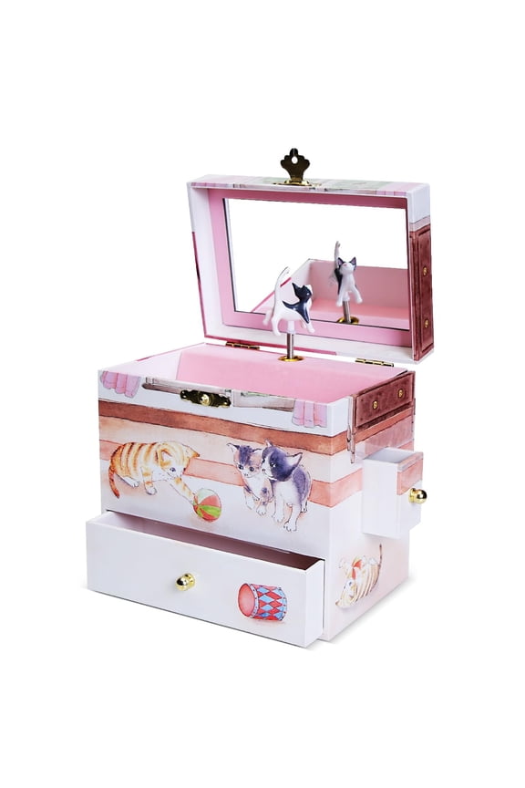 Curious Kittens Musical Jewelry Box Spinning Cat Plays Ode to Joy with 3 Pullout Drawers