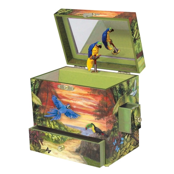 Enchantmints Fanciful Feathers Musical Jewelry Box Parrot Spins to Hungarian Dances No. 5" 2 Pullout Drawers Treasure Storage