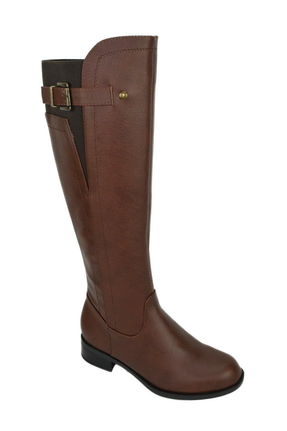 Encina-S Cognac Brown Soda Women Buckled Flat Riding Boots Side Zipper Knee High Elastic Calf 6.5