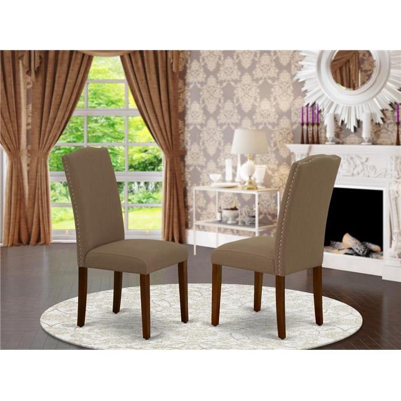 Mahogany Finish Linen Upholstered Parsons Dining Chairs, Set of 2