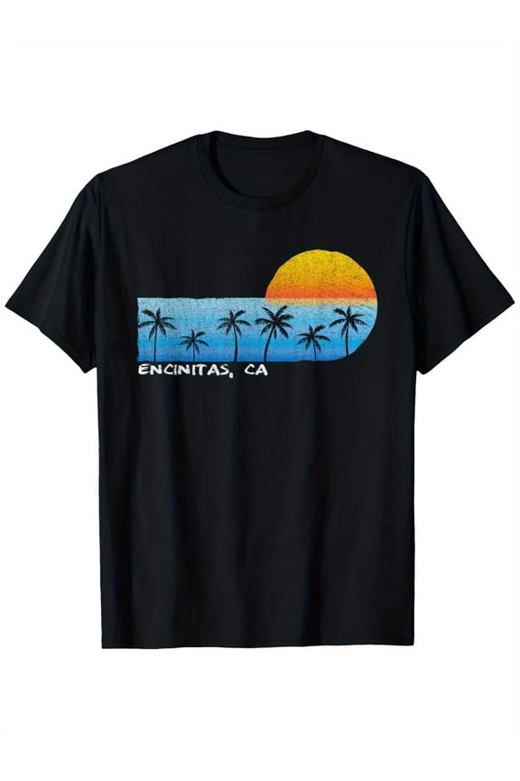 Encinitas, CA Palm Trees & Sunset Beach Graphic Tee, 100% Cotton, Crew Neck, SCasual Street Style T-Shirt for Adults - Black, Everyday Comfort Shirt | Relaxed Fit Shirt | Soft Fabric Tshirt