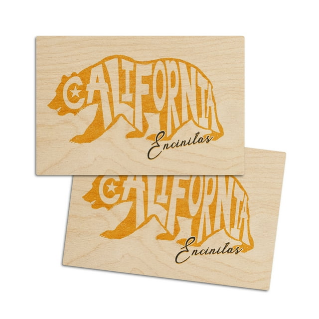 Encinitas, California, Bear Outline, Typography (4x6 Birch Wood