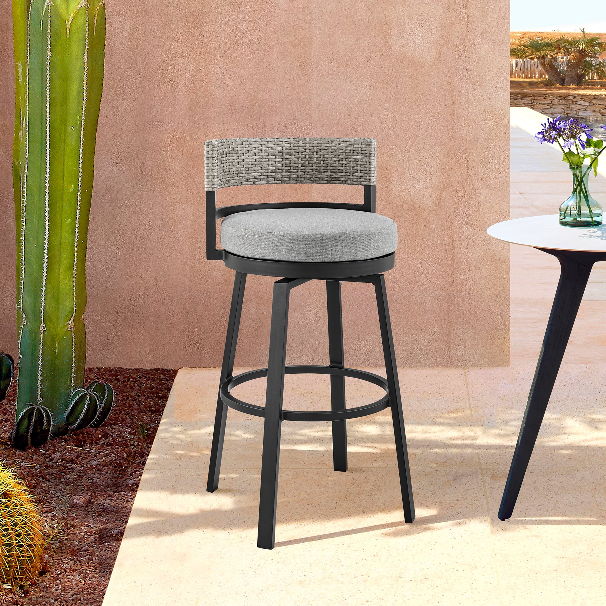 Encinitas Outdoor Patio Counter Height Swivel Bar Stool in Aluminum and Wicker with Gray Cushions - Set of 2