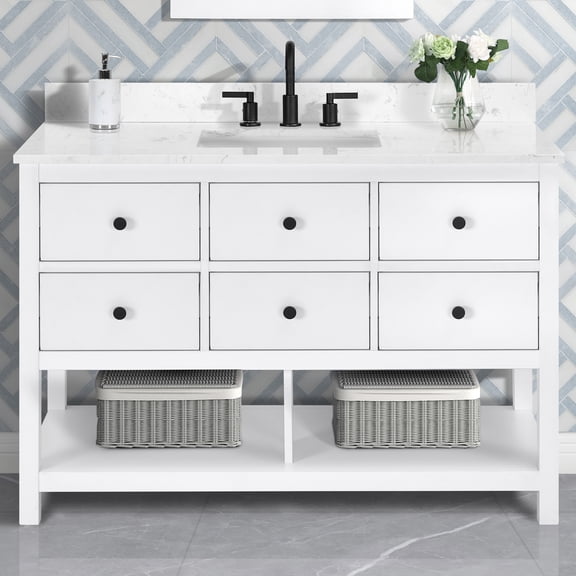 Encino 48" Single Bathroom Vanity, Carrara White Quartz Top With Sink & Backsplash. 49"W x 22"D x 34.5"H. Crisp White. MDF. Pre-Assembleb. 5 Soft-closing Drawers. 1 Shelf. Adjustable Feet