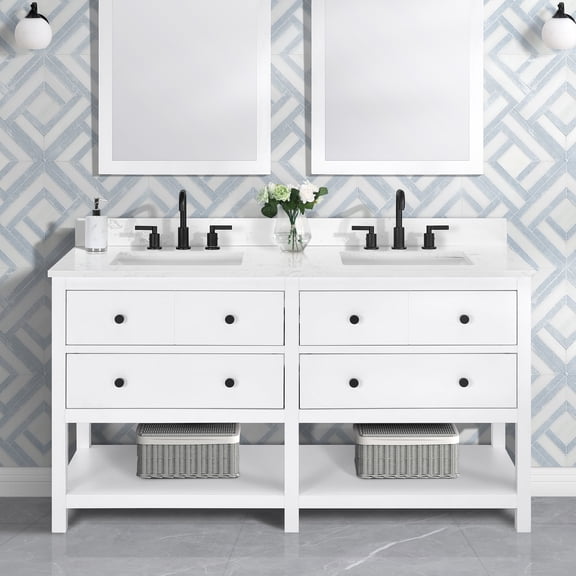 Encino 60" Double Bathroom Vanity, Carrara White Quartz Top with Sink & Backsplash. 61" W x 22" D x 34.5" H. Crisp White Finish. MDF. Pre-Assembleb. 4 Drawer. 1 Shelf. Adjustable Feet.