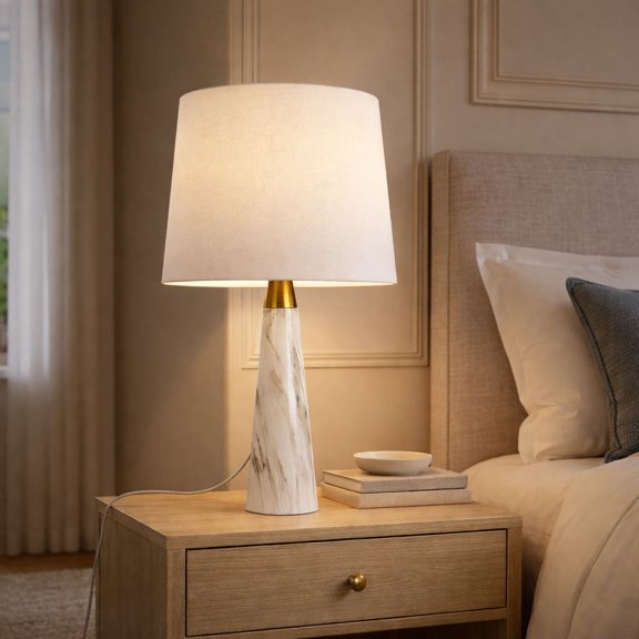 Enclave Hydro White Table Lamp with On/Off Switch Faux Marble Base Fabric Shade