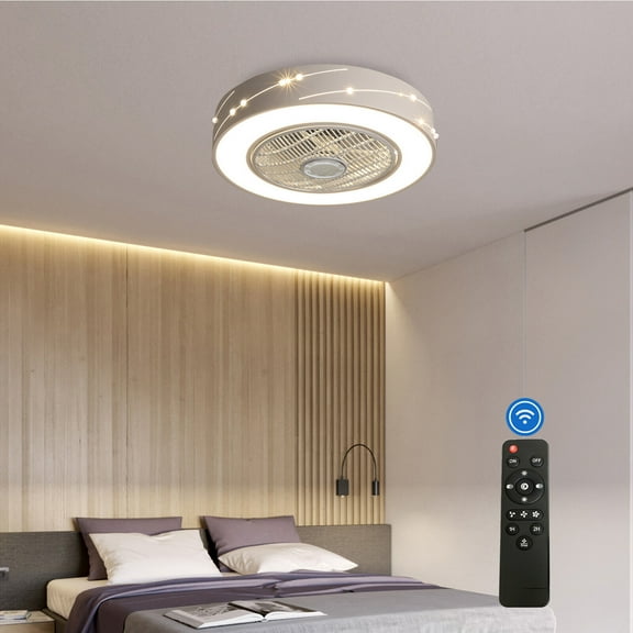 Enclosed 21.6'' LED Ceiling Fan Light with Remote Control, Caged Flush Mount Ceiling Fan, Bladeless Meteor Style Fan Lamp, 3000K-4500K-6000K, 120lms